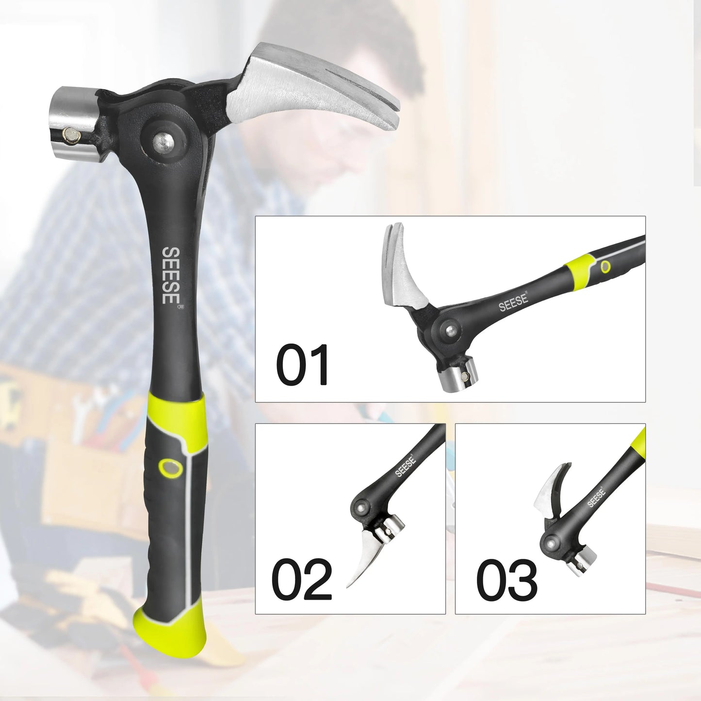 【SummerVibes】SEESE 16oz Claw Hammer with Magnetic Nail Starter,Indexing Rip Claw,Forged Steel Head,Shock-Absorbing TPR Grip,Heavy Duty Framing & DIY Tool