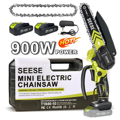【SummerVibes】SEESE Brushless Mini ChainSaw Oil System- Portable Electric Cordless Saw for Wood Cutting, Batteries (2000mAh)