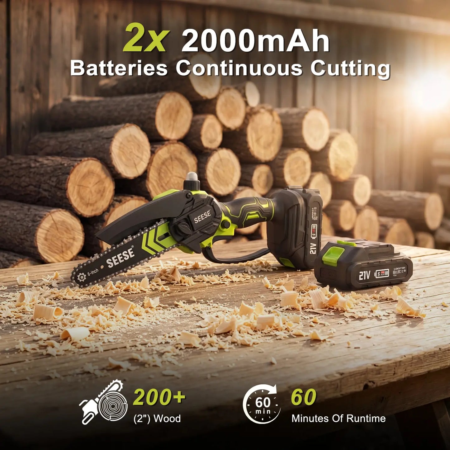 【SummerVibes】SEESE Brushless Mini ChainSaw Oil System- Portable Electric Cordless Saw for Wood Cutting, Batteries (2000mAh)