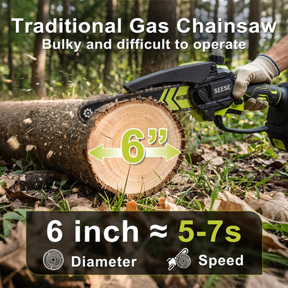 【SummerVibes】SEESE Brushless Mini ChainSaw Oil System- Portable Electric Cordless Saw for Wood Cutting, Batteries (2000mAh)