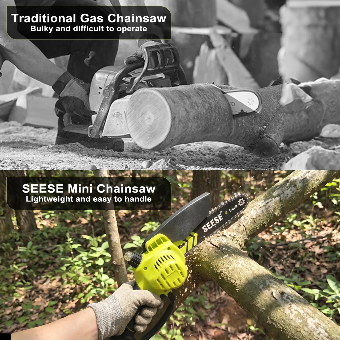 【SummerVibes】SEESE Brushless Mini ChainSaw Oil System- Portable Electric Cordless Saw for Wood Cutting, Batteries (2000mAh)