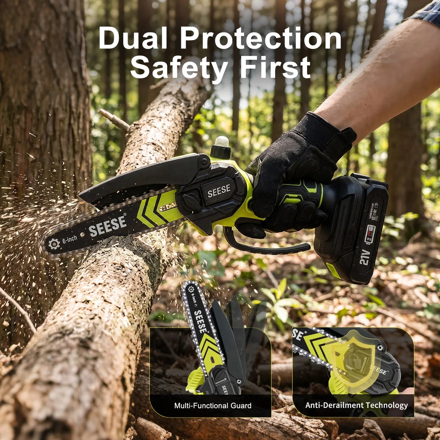 【SummerVibes】SEESE Brushless Mini ChainSaw Oil System- Portable Electric Cordless Saw for Wood Cutting, Batteries (2000mAh)