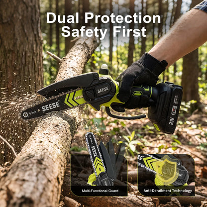 【SummerVibes】SEESE Brushless Mini ChainSaw Oil System- Portable Electric Cordless Saw for Wood Cutting, Batteries (2000mAh)