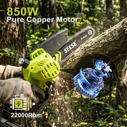 【SummerVibes】SEESE Brushless Mini ChainSaw Oil System- Portable Electric Cordless Saw for Wood Cutting, Batteries (2000mAh)