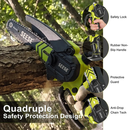 【SummerVibes】SEESE Brushless Mini ChainSaw Oil System- Portable Electric Cordless Saw for Wood Cutting, Batteries (2000mAh)