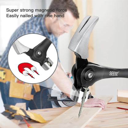【SummerVibes】SEESE 16oz Claw Hammer with Magnetic Nail Starter,Indexing Rip Claw,Forged Steel Head,Shock-Absorbing TPR Grip,Heavy Duty Framing & DIY Tool